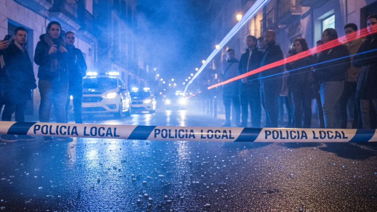 Imatge genèrica d'una carretera nocturna amb llums d'emergència blaves i vidres trencats a l'asfalt.