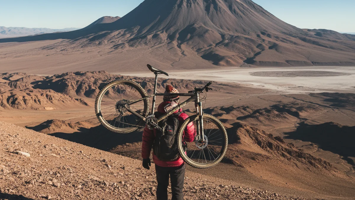 Generic image of a mountain biker climbing in a high-altitude volcanic environment.