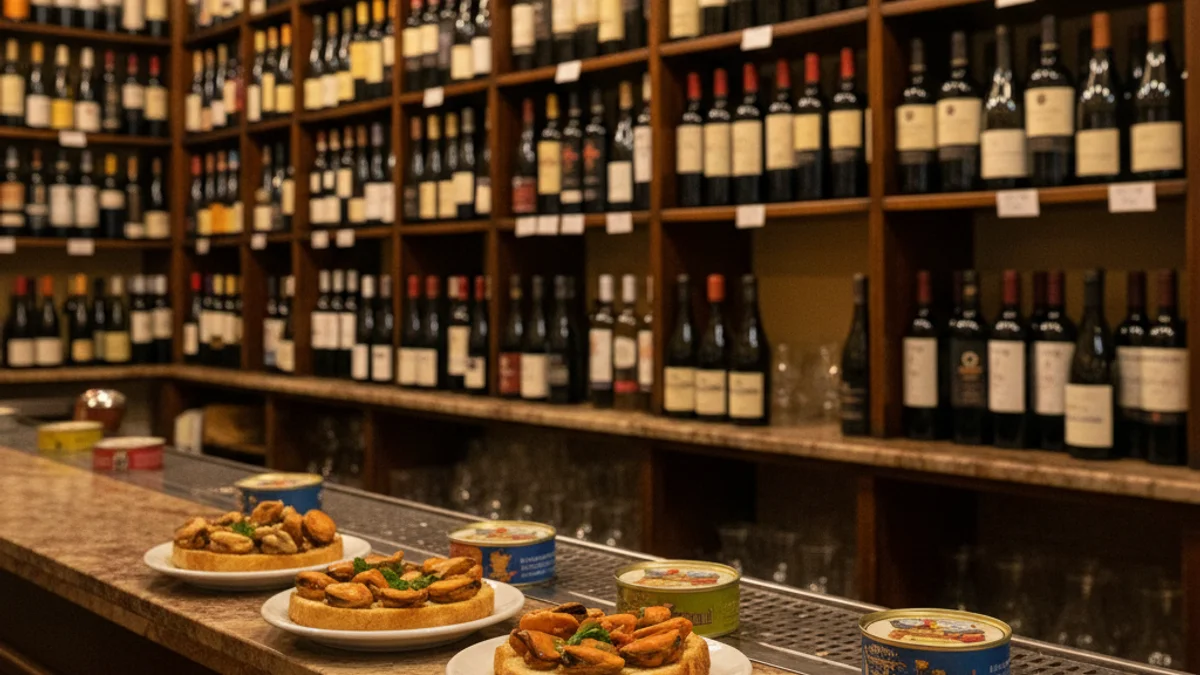 Generic image of a traditional wine cellar interior with shelves full of bottles and canned seafood tapas on the counter.