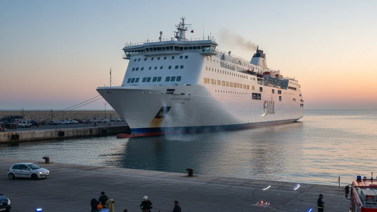 Imatge genèrica d'un ferri de passatgers atracat en un port amb llums d'emergència al voltant.