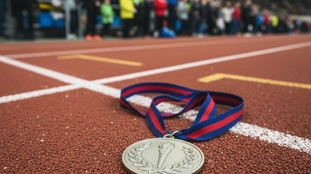 Imatge genèrica d'una medalla de plata sobre una pista d'atletisme coberta.