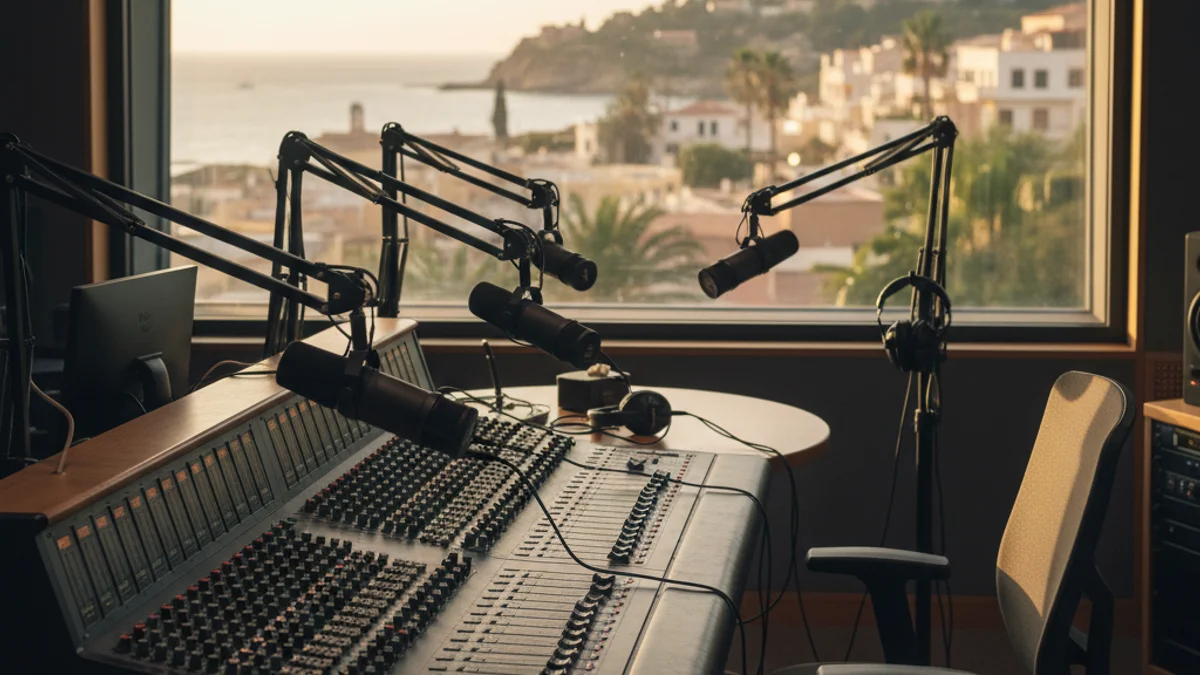 Generic image of a radio studio with microphones and a mixing console ready for broadcasting.