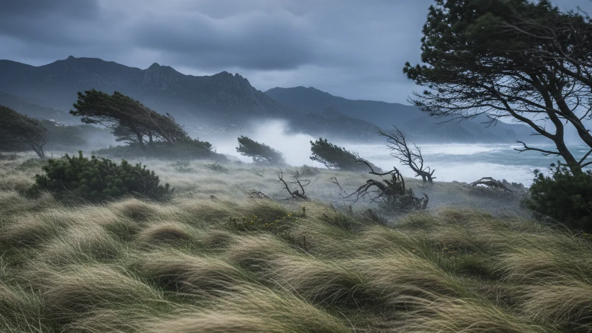 Imagen genérica de un paisaje costero bajo los efectos de un fuerte vendaval en el norte de Cataluña.