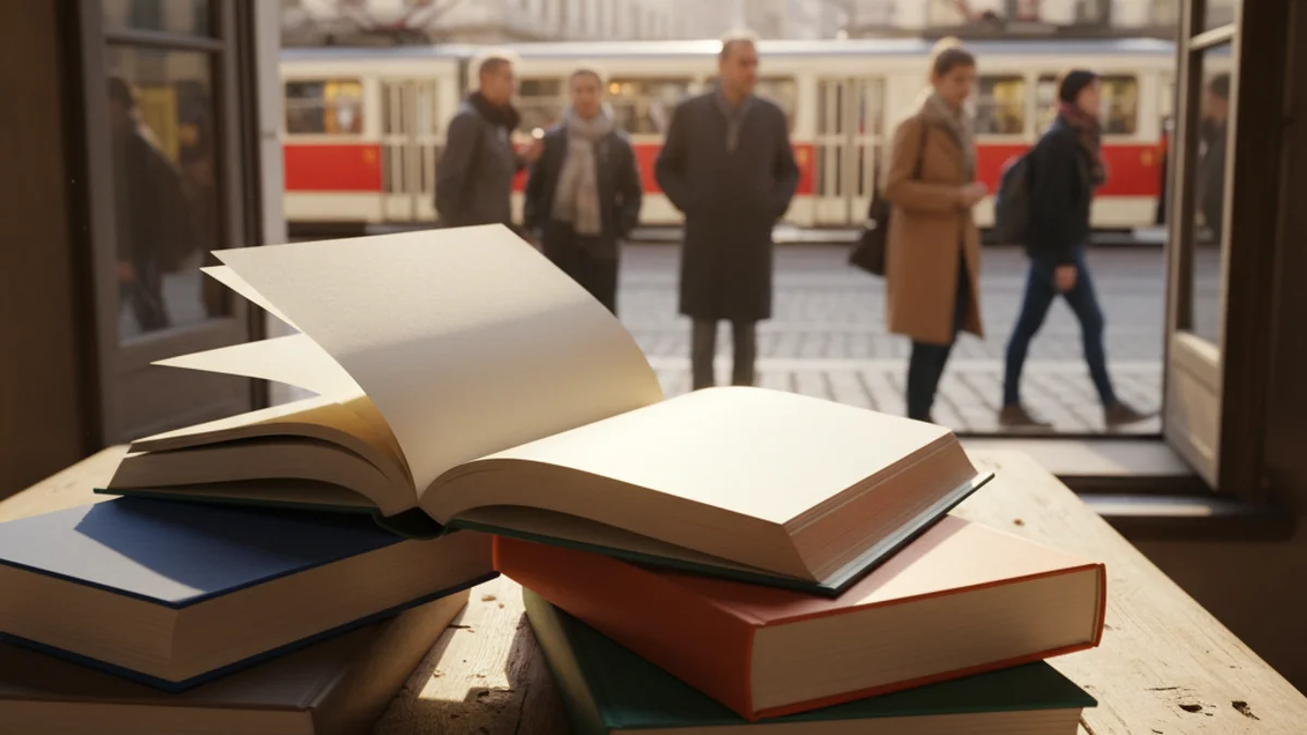 Generic image of new books on a wooden table in a sunny room.