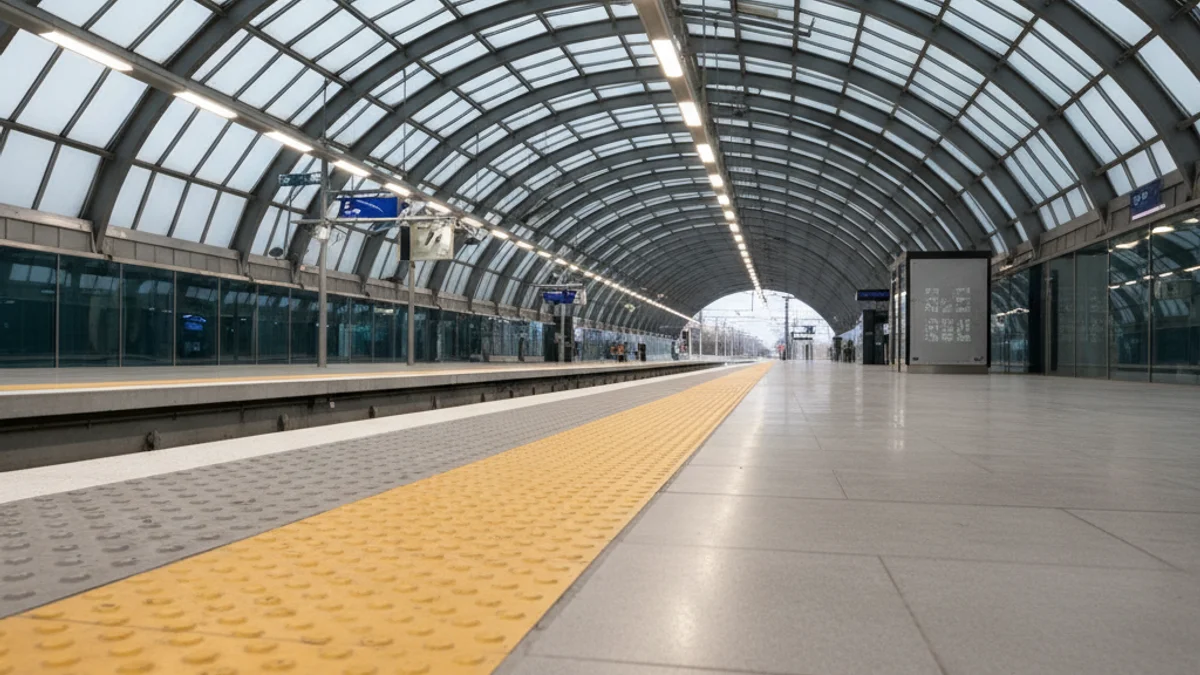 Imatge genèrica d'una andana d'estació de tren amb elements d'accessibilitat i il·luminació moderna.