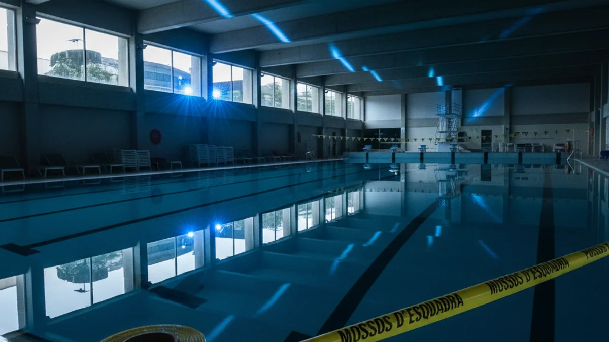 Imatge genèrica d'una piscina coberta amb precinte policial en primer pla.