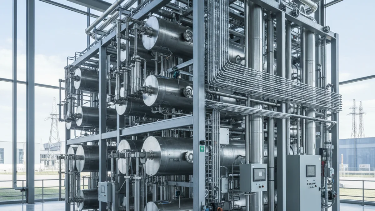 Imatge genèrica d'una instal·lació industrial d'hidrogen renovable amb canonades i tecnologia d'electròlisi.