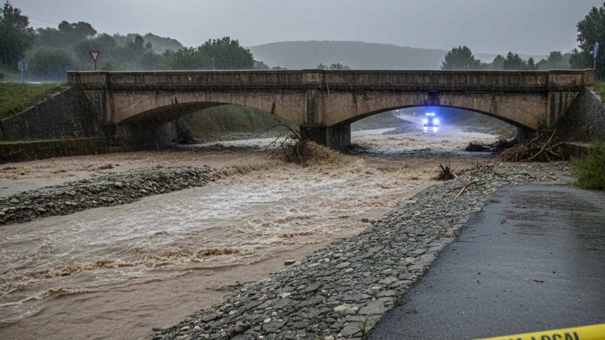 Generic image of a riverbed with high water flow under a bridge during a rainy episode.
