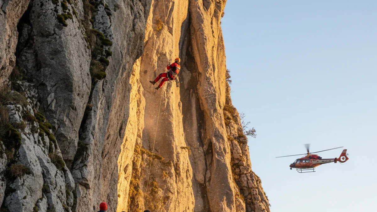 Imatge genèrica d'un operatiu de rescat de muntanya amb helicòpter en una paret de roca.