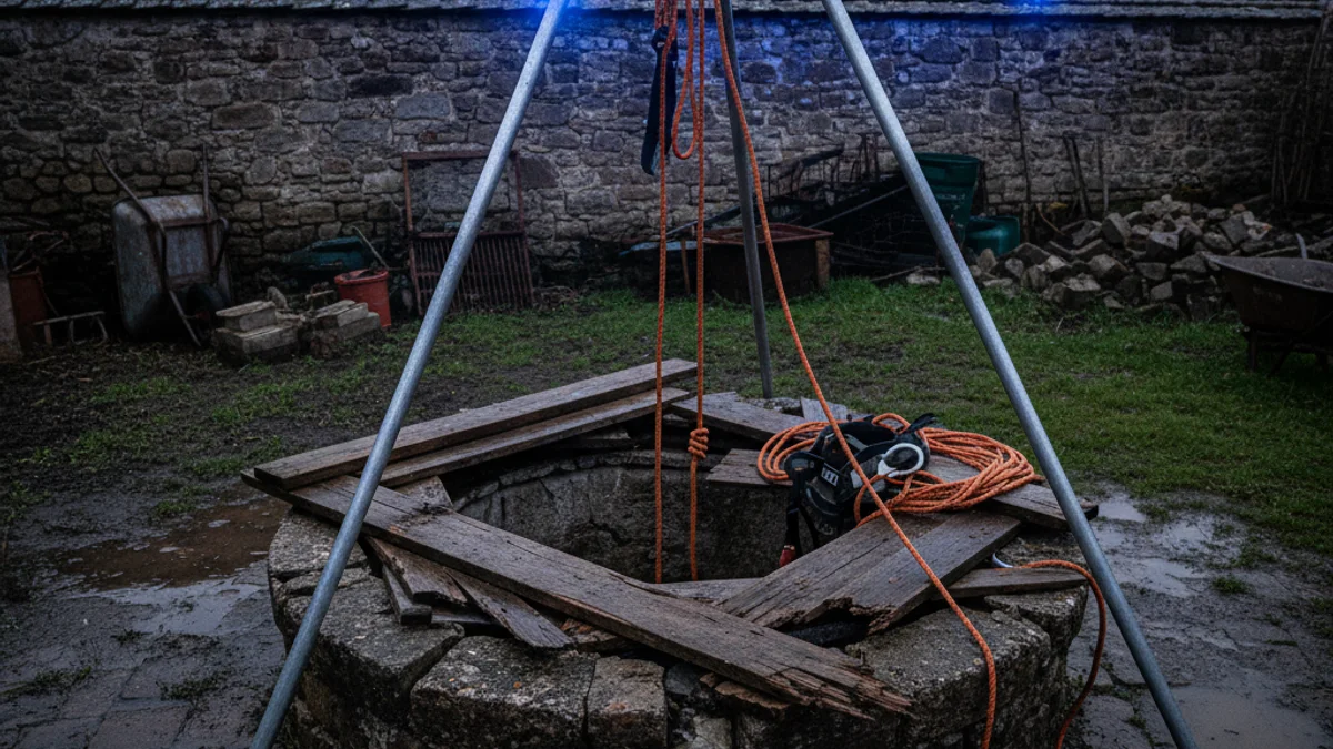 Generic image of a well with rescue ropes in an urban area.