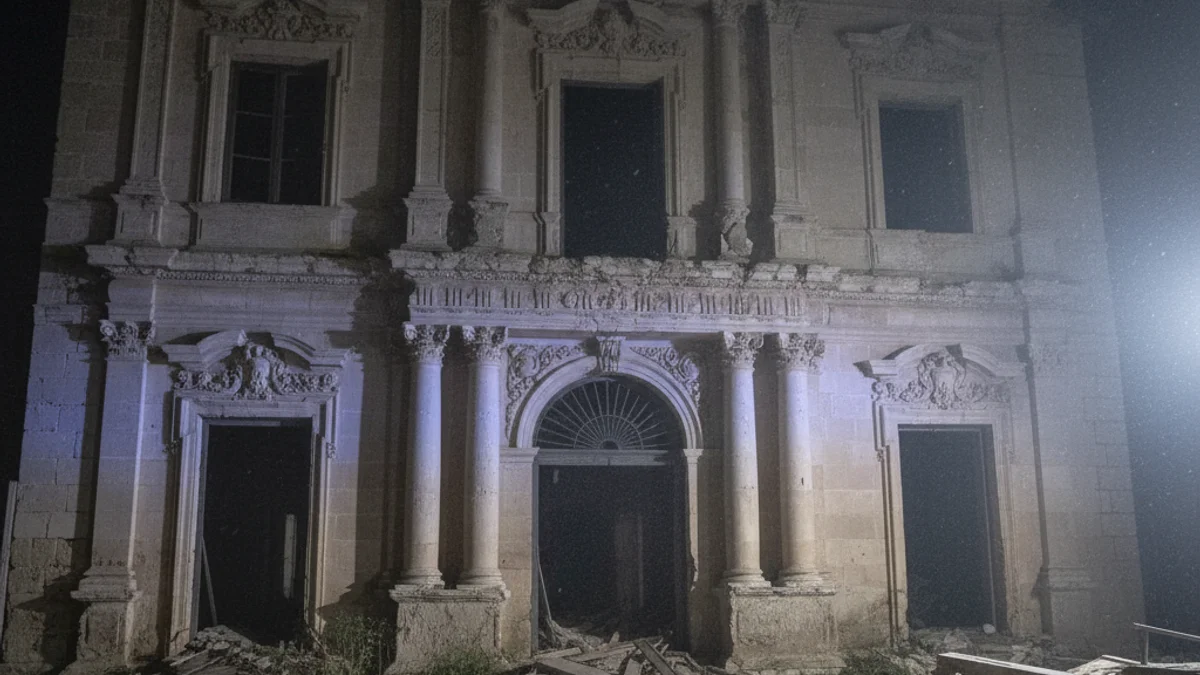 Imatge genèrica d'un edifici antic en runes acordonat per serveis d'emergència durant la nit.