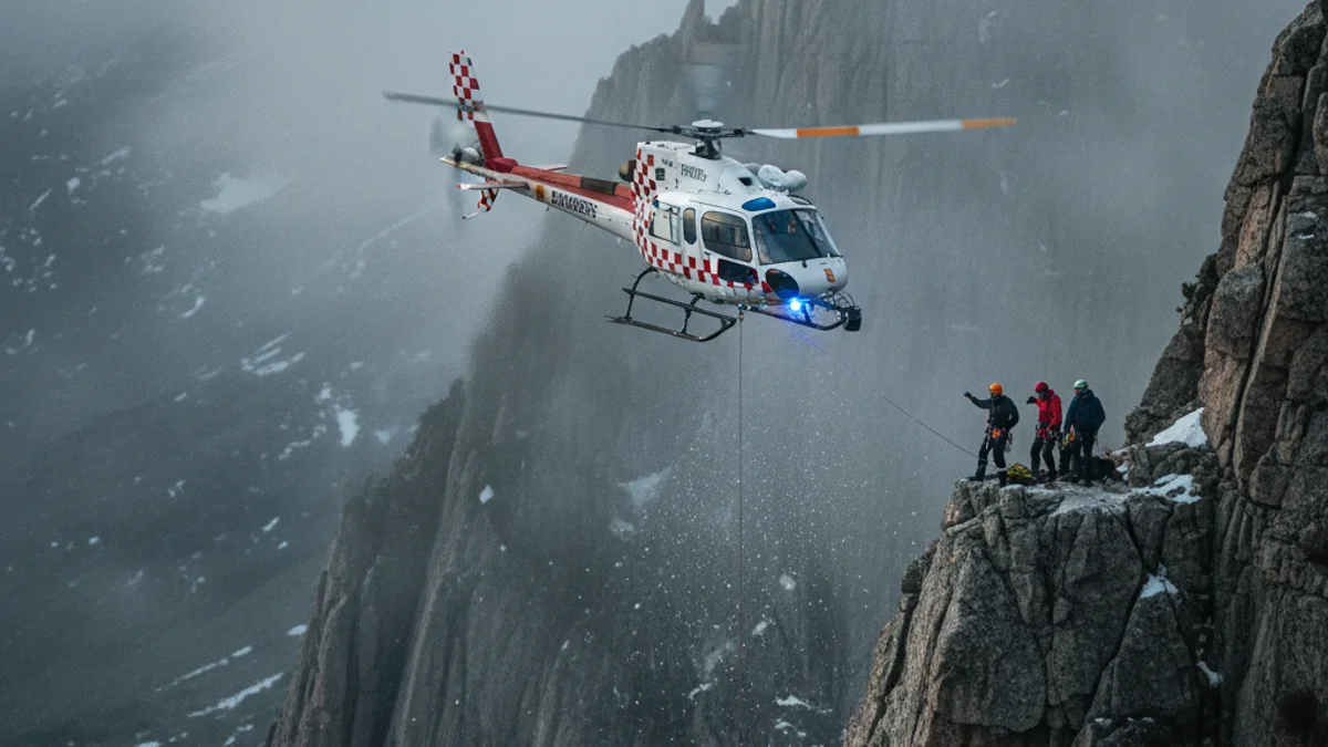 Imatge genèrica d'un helicòpter de rescat sobrevolant una zona de muntanya escarpada.