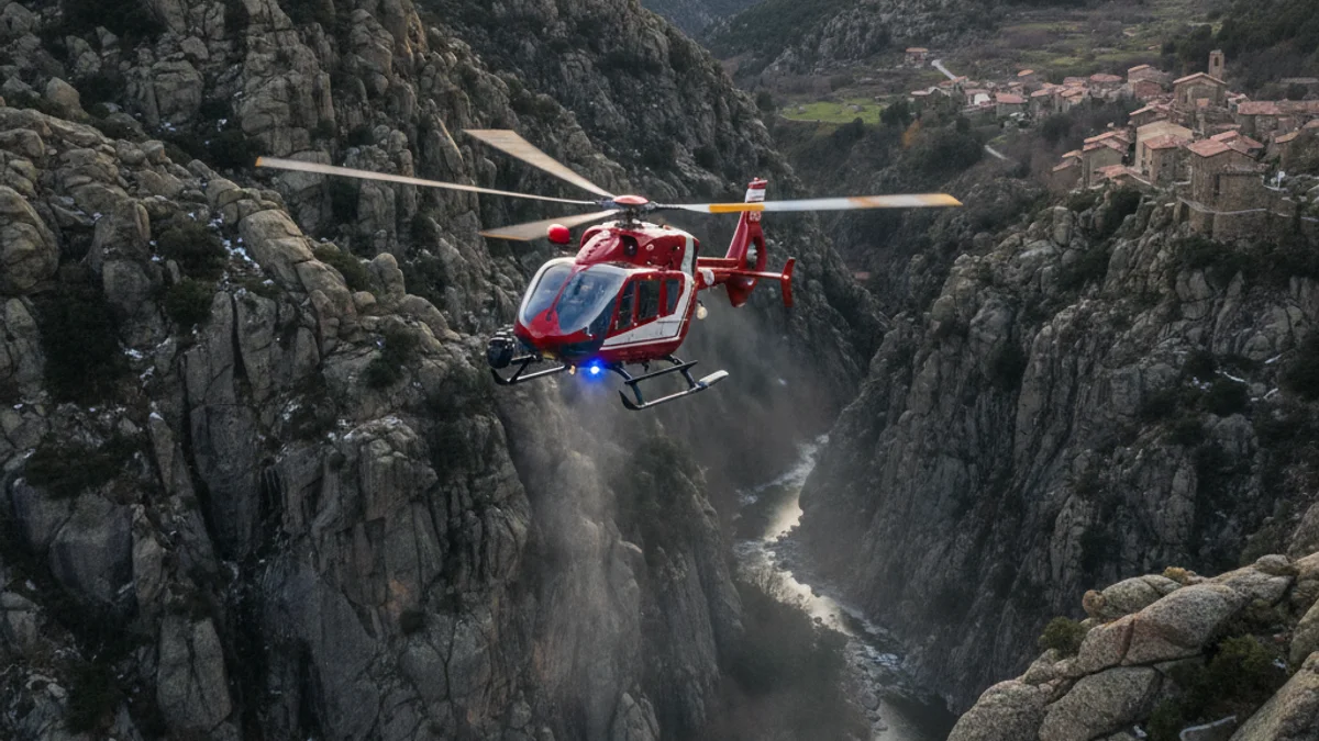 Imatge genèrica d'un helicòpter de rescat sobrevolant una zona de muntanya abrupta.