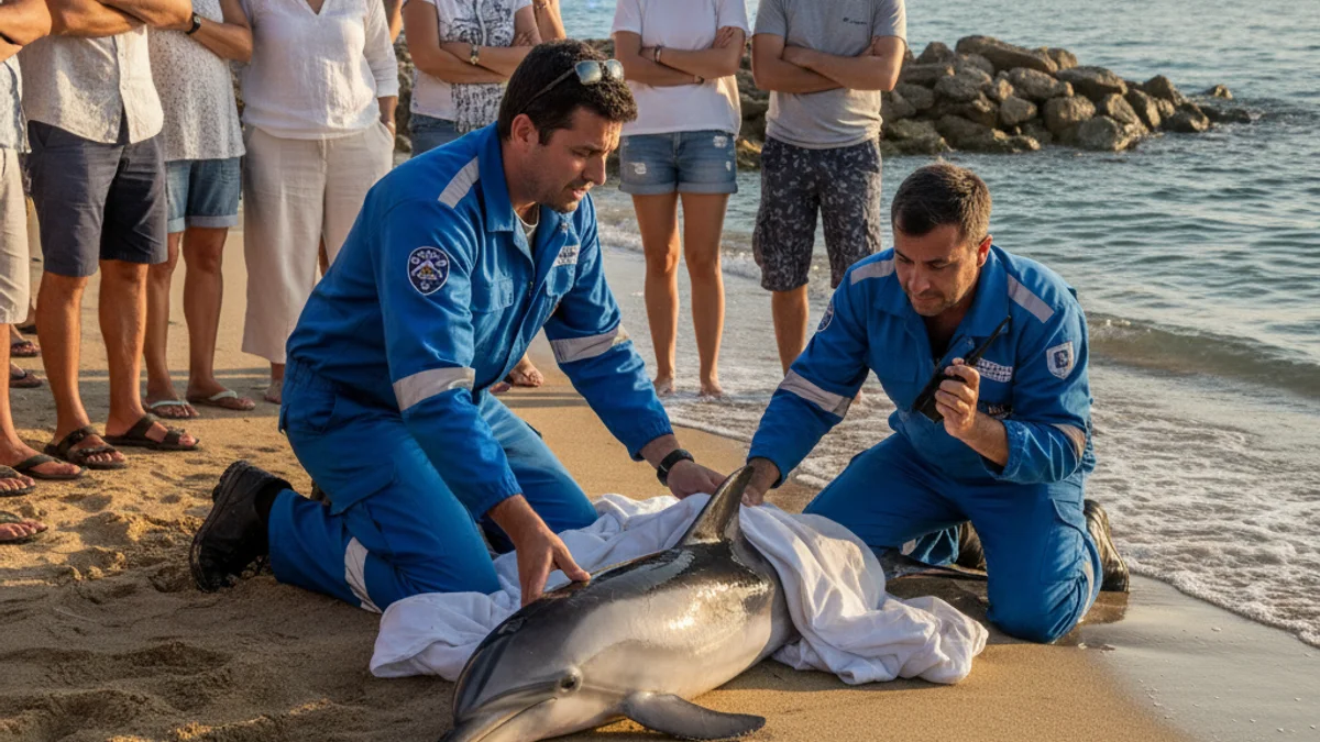 Generic image of a striped dolphin being assisted by specialists on a beach.