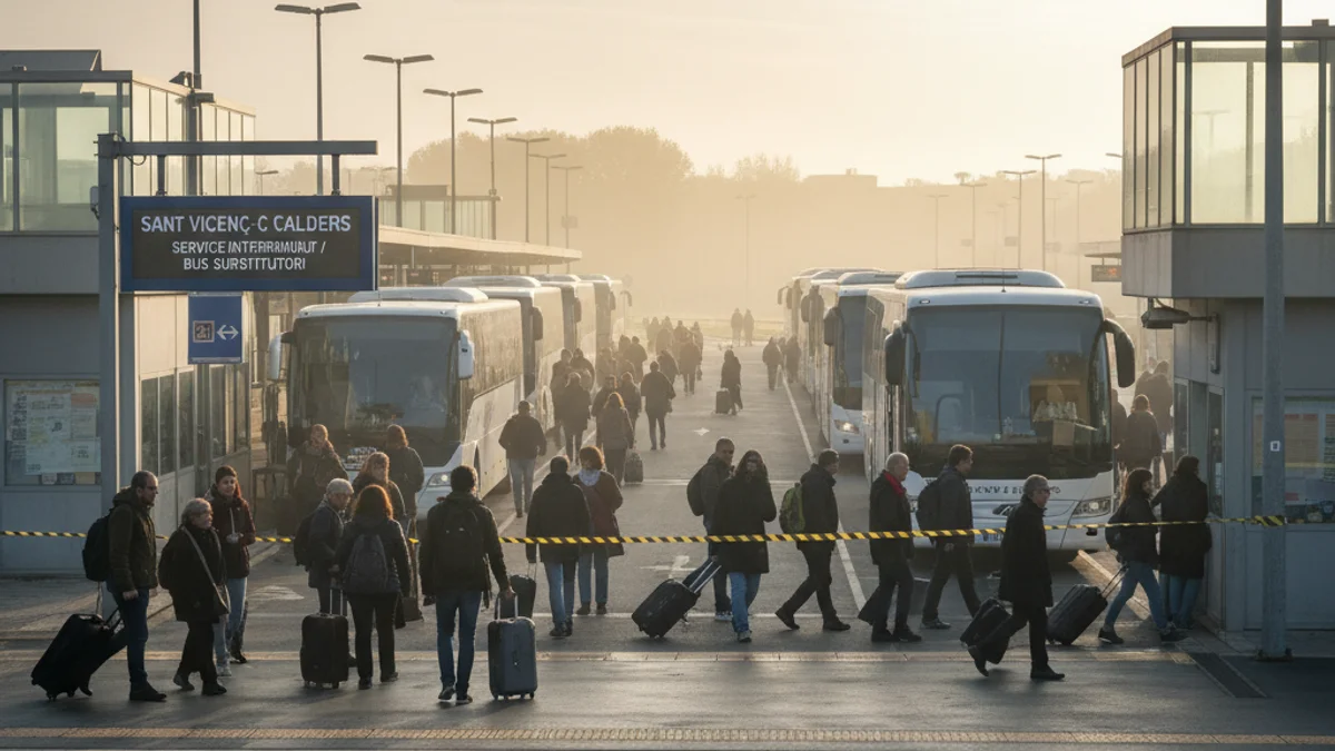 Imatge genèrica d'autobusos llançadora esperant passatgers en una estació de tren durant unes obres de manteniment.