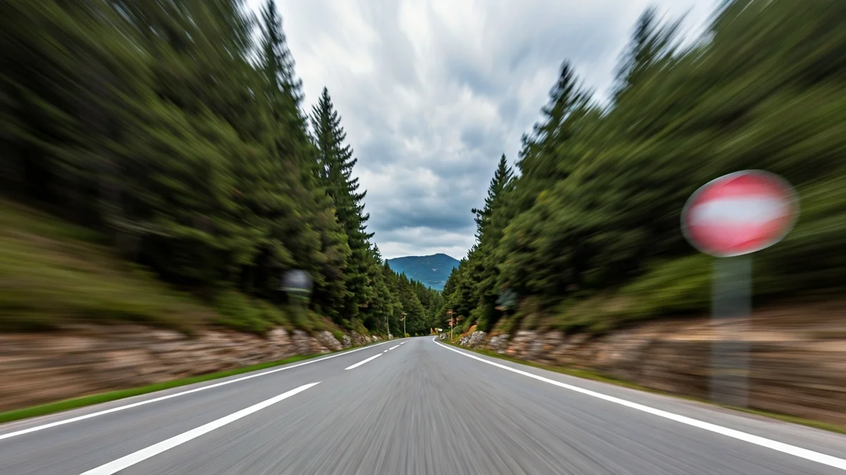 Imagen genérica de una carretera de montaña con una señal de 'prohibido el paso' y vegetación densa.