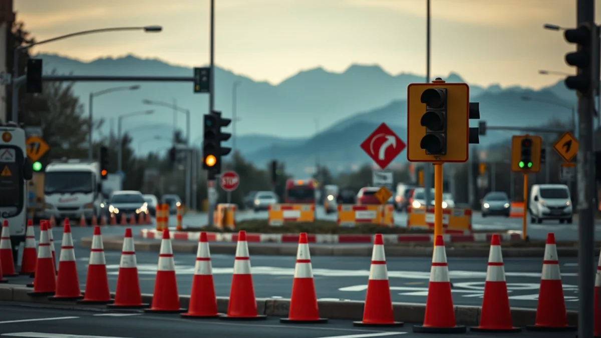 Imatge genèrica d'unes obres de manteniment en una rotonda urbana amb senyalització de trànsit.