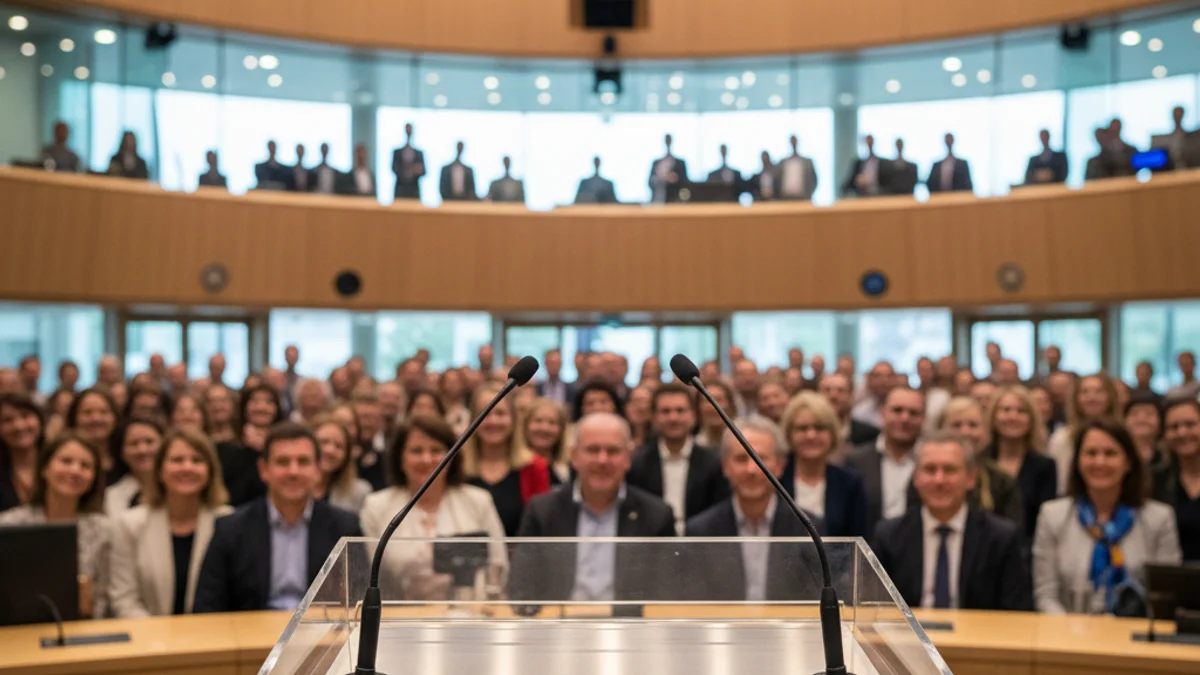 Generic image of a podium with microphones in a conference hall during a professional event.