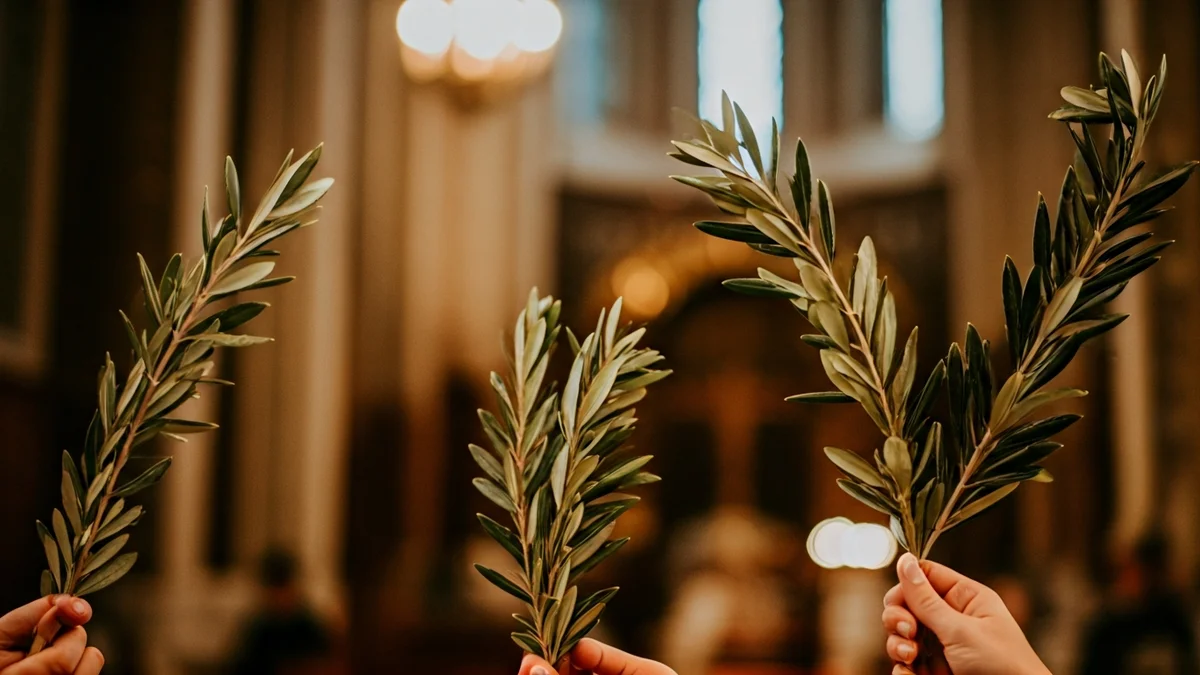 Generic image of blessed olive branches and palm fronds during a religious celebration.