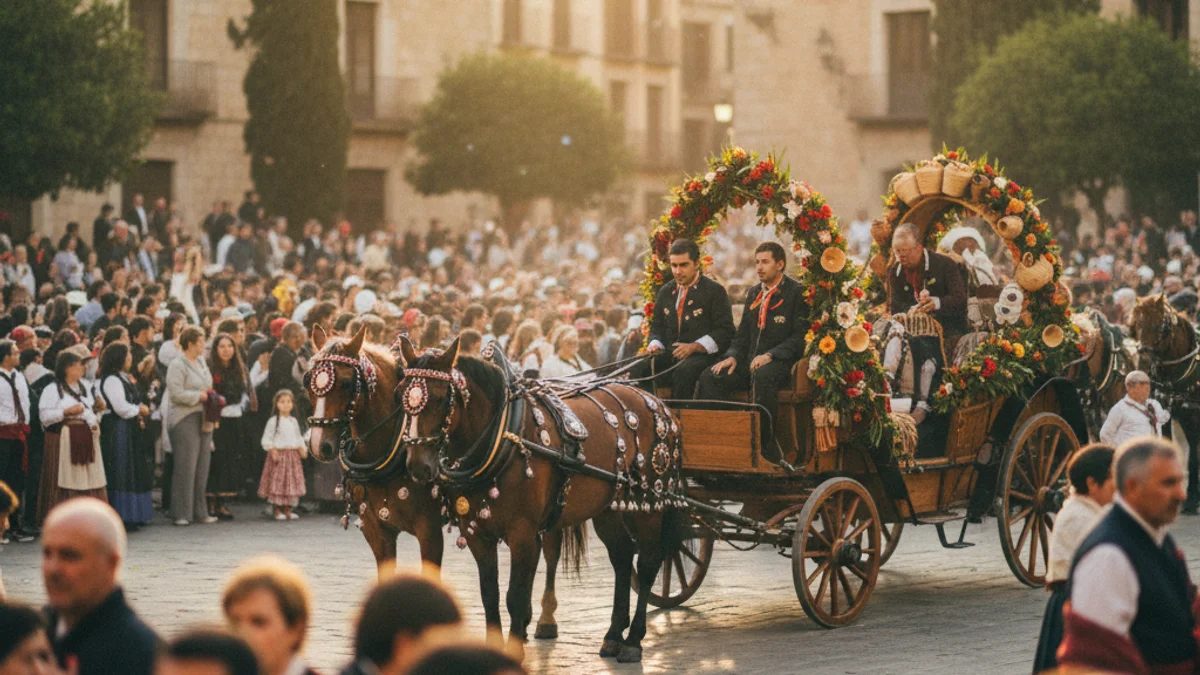 Generic image of a traditional celebration with carriages and horses in a city square.