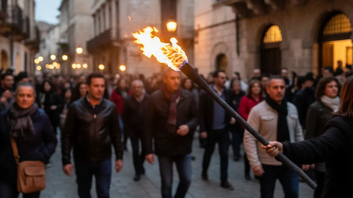 Generic image of a torch flame being carried through city streets during a sporting event.