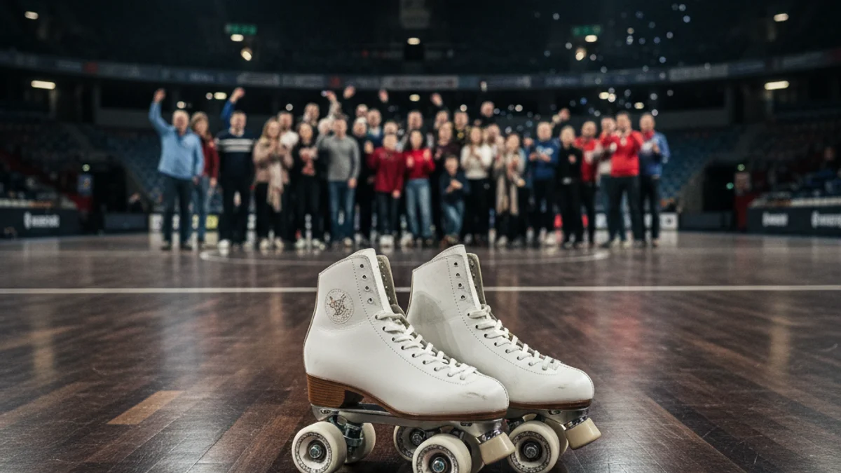 Imatge genèrica d'uns patins de patinatge artístic en un pavelló esportiu amb il·luminació de competició.