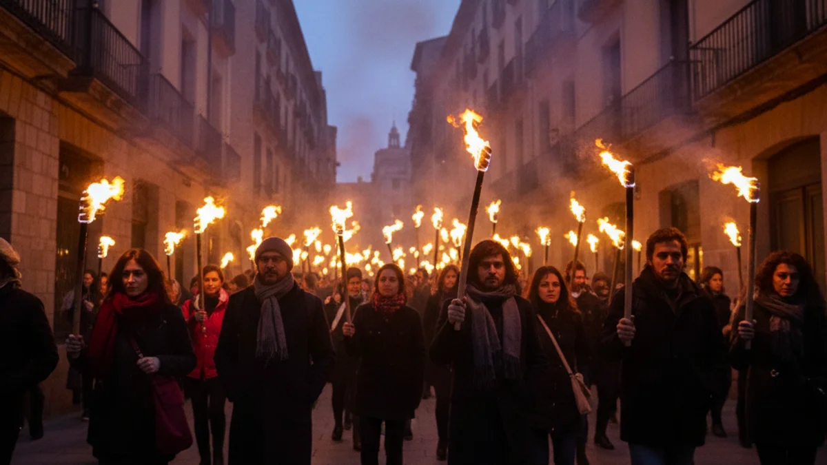 Imatge genèrica d'una marxa nocturna amb torxes pels carrers d'una ciutat.