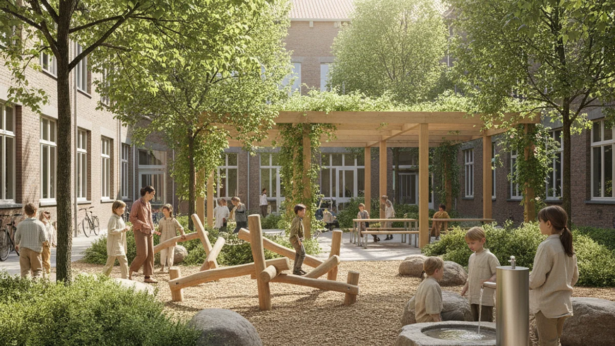 Generic image of a renaturalized school courtyard with wood, sand, and vegetation to combat heat.