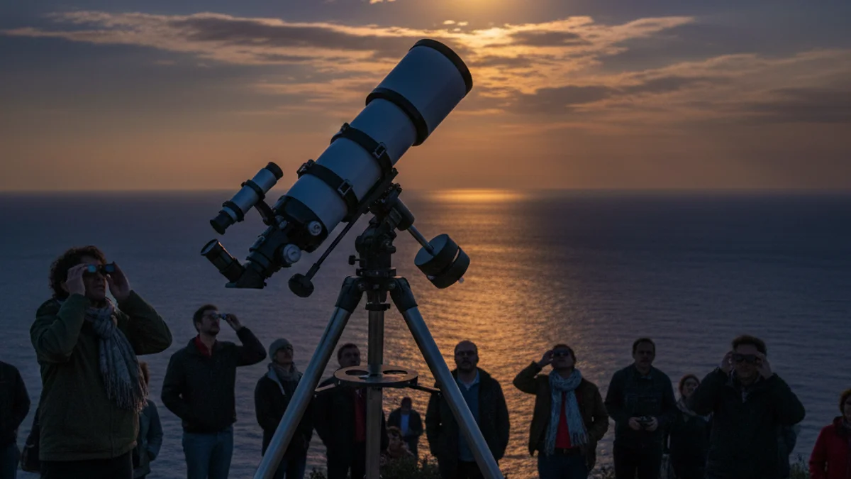 Generic image of a telescope set up for solar eclipse observation by the sea.
