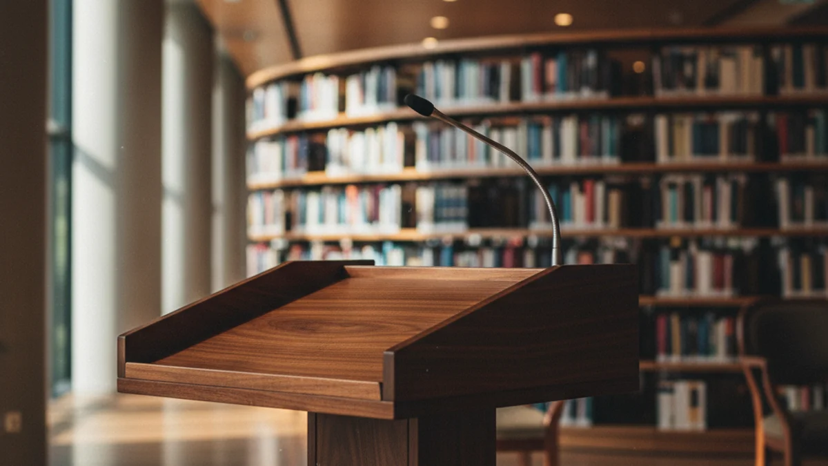 Imatge genèrica d'un faristol en una biblioteca preparat per a una lectura poètica.