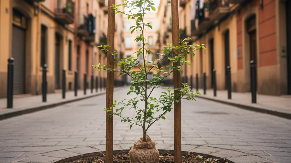 Imatge genèrica d'un arbre jove acabat de plantar en una vorera urbana amb suports de fusta.