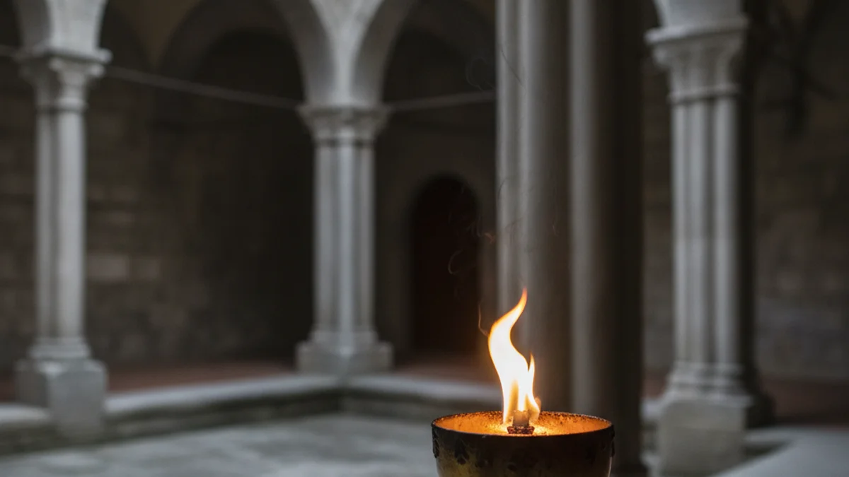 Generic image of a flame burning in a lamp within a monastery atrium.