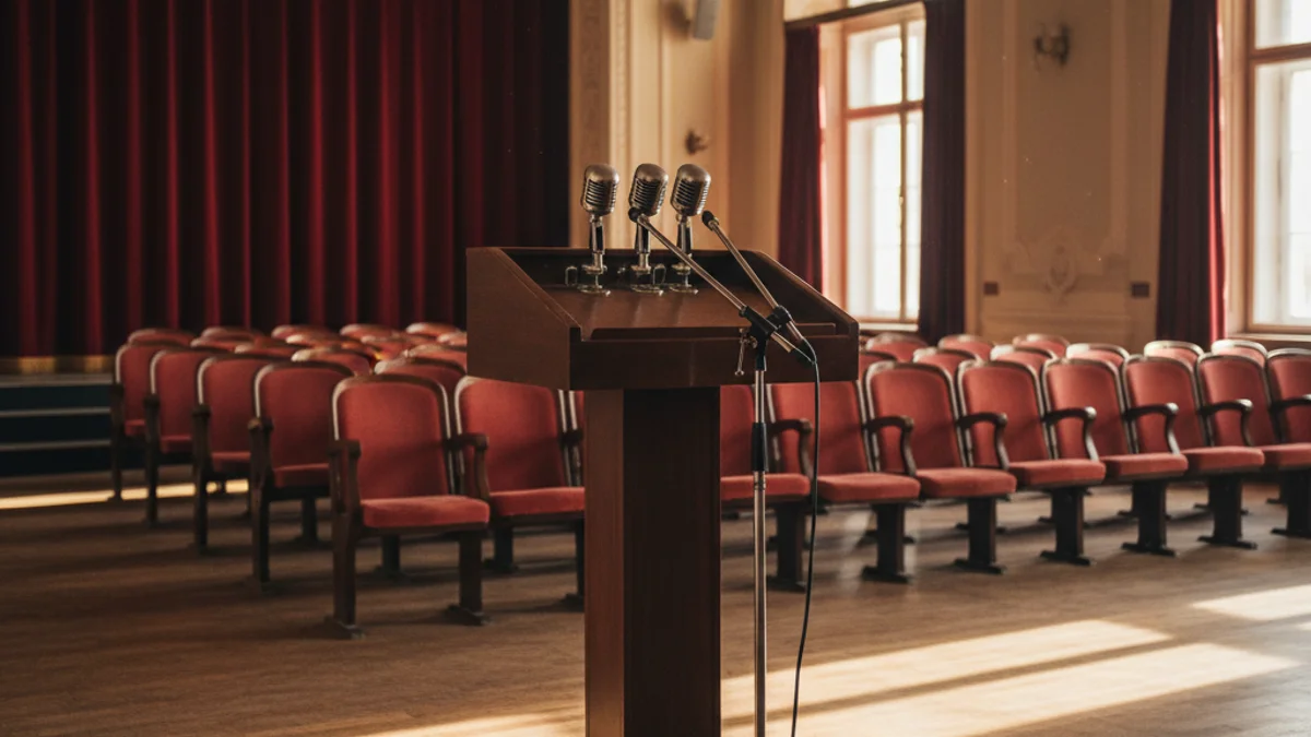 Imatge genèrica d'una sala d'actes cultural amb micròfons preparats per a una conferència.