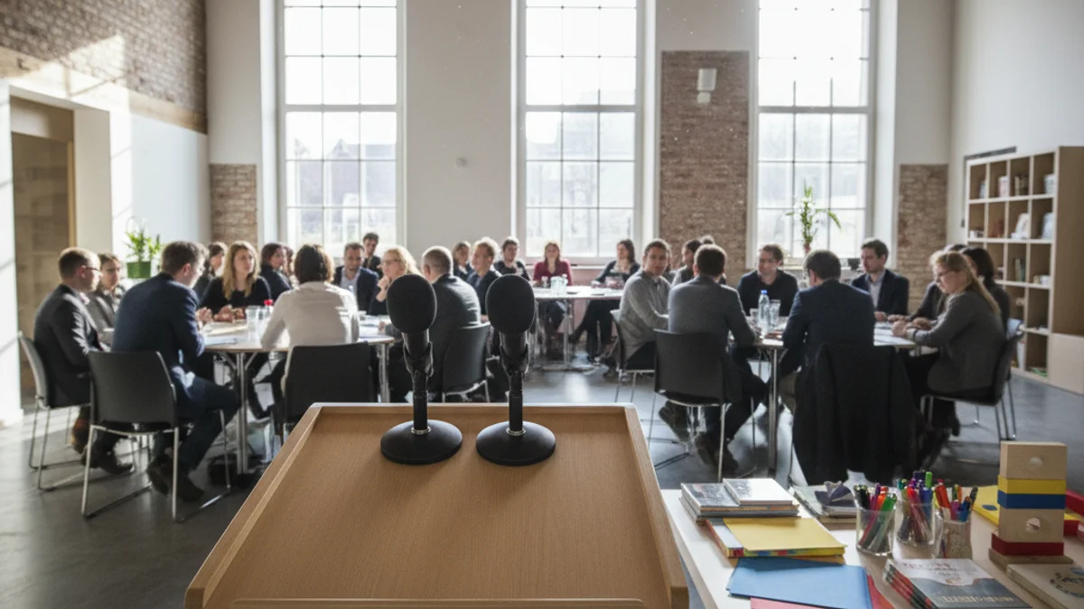 Imatge genèrica d'una sala d'actes amb materials educatius preparats per a una sessió informativa.