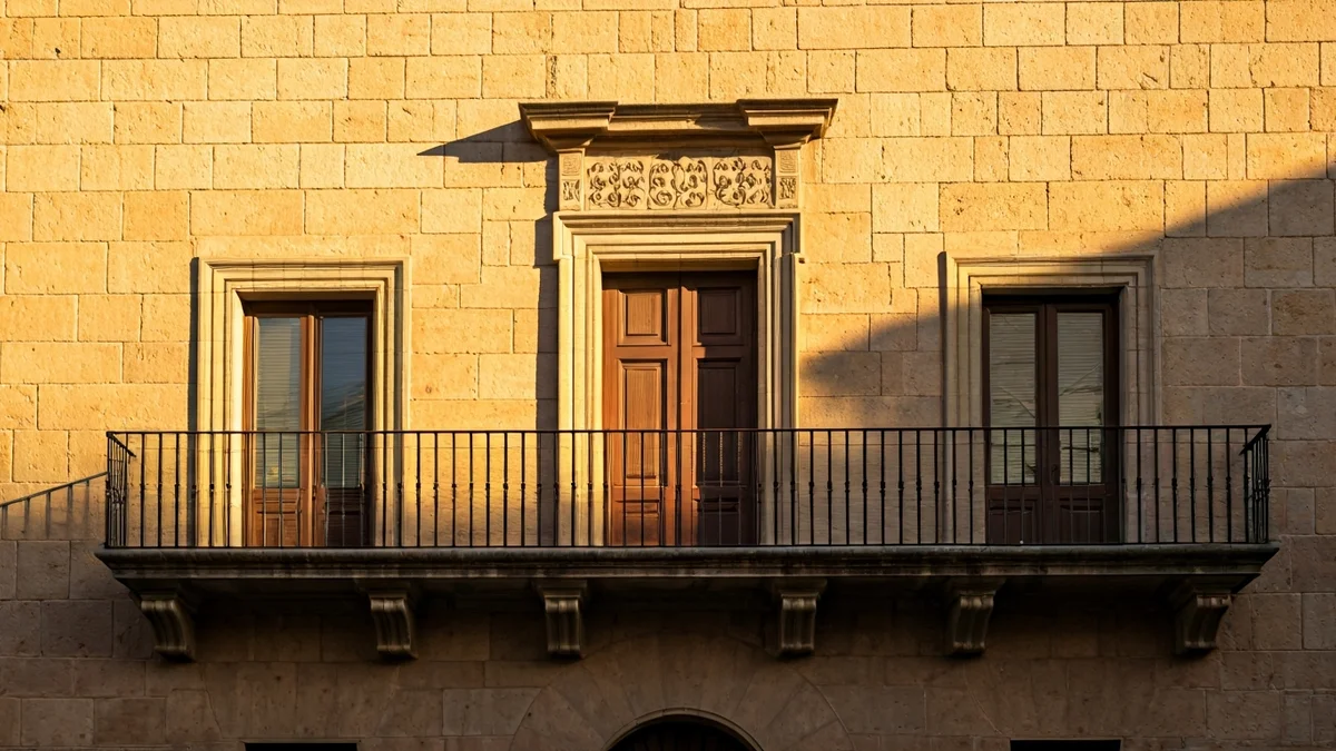 Generic image of a Catalan town hall facade with a balcony and wrought iron railings, under the warm afternoon sun.