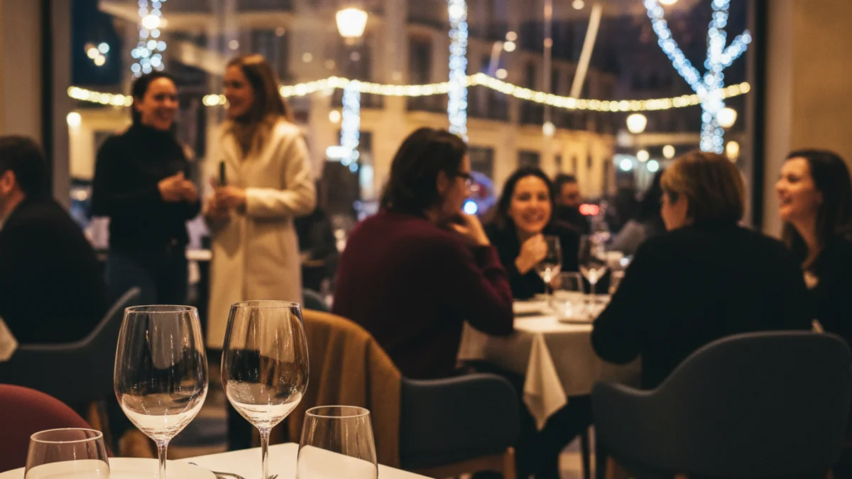 Generic image of a modern restaurant interior with warm lighting and set tables.