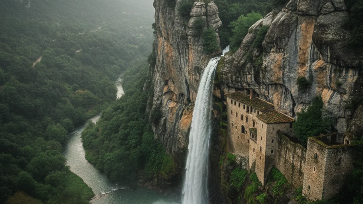Imatge genèrica de l'entorn natural de Sant Miquel del Fai amb el seu monestir i salts d'aigua.