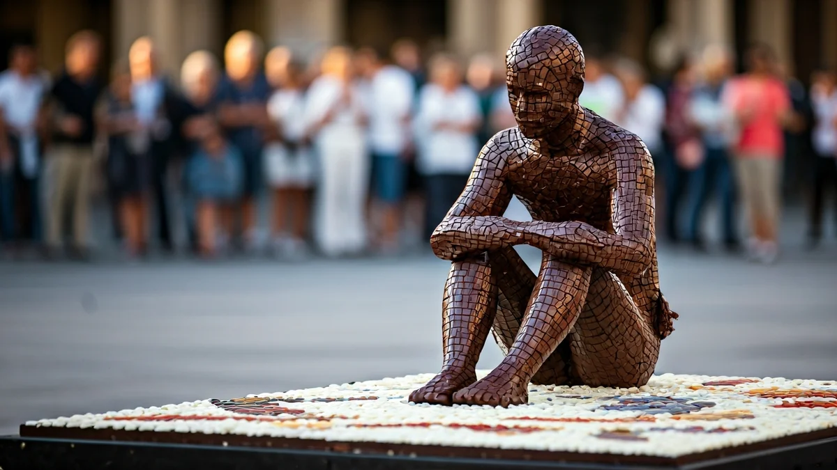 Imatge genèrica d'una escultura de xocolata de grans dimensions en una plaça pública.