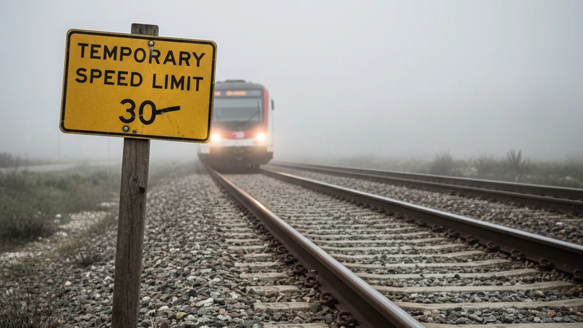 Imagen genérica de las vías del tren con señalización de limitación de velocidad.
