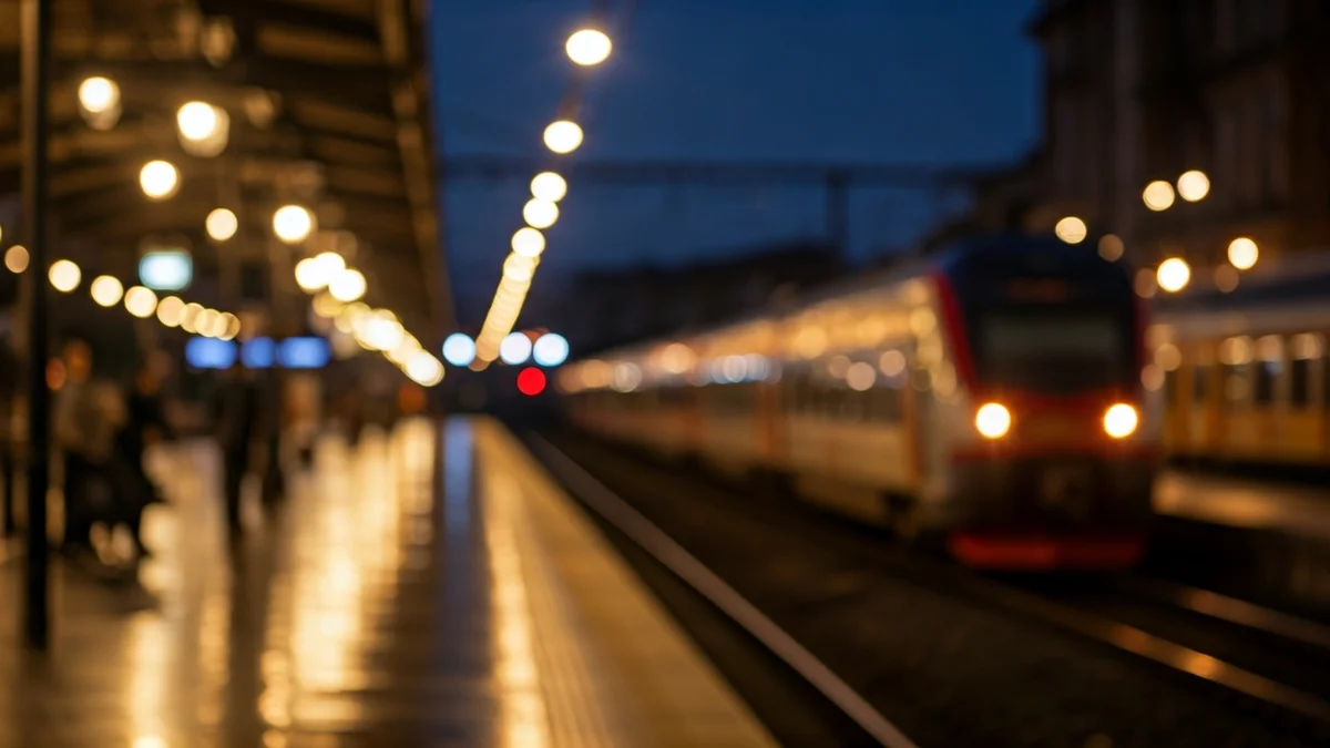 Imatge genèrica d'una andana de tren al capvespre, amb llums borroses i passatgers esperant.