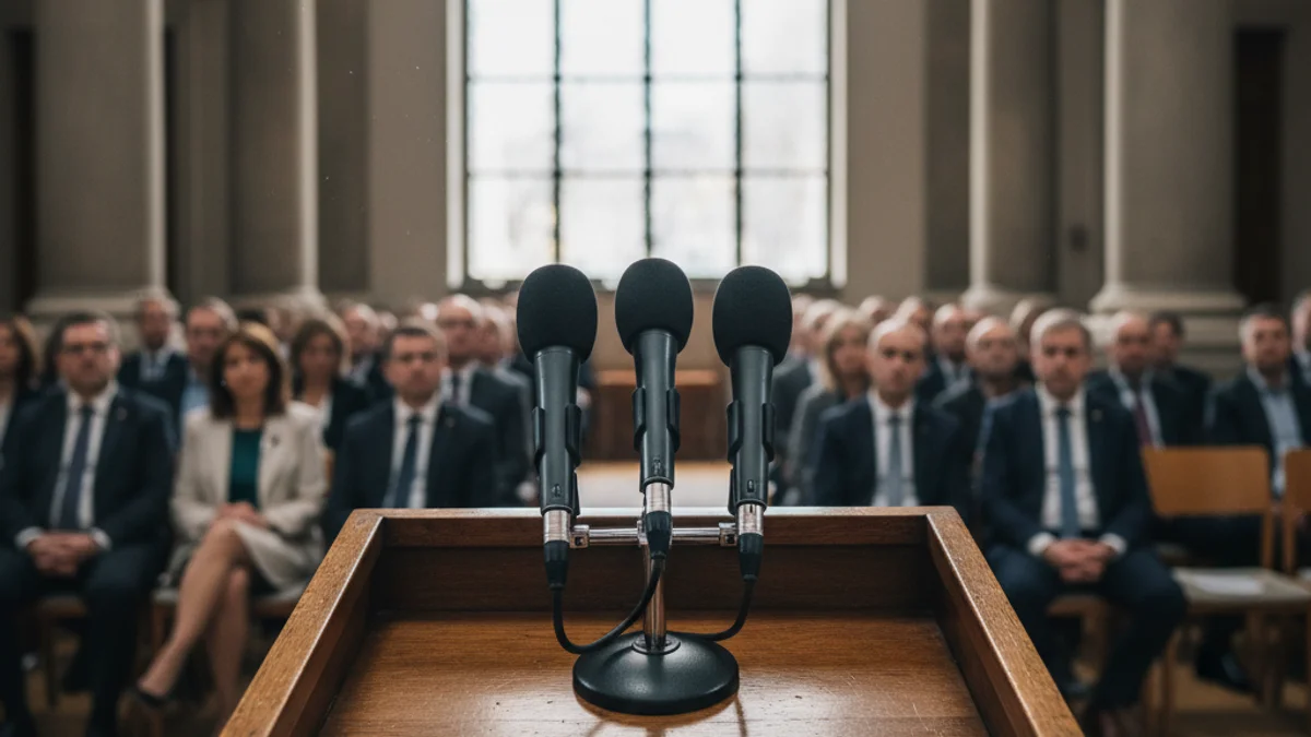 Imatge genèrica d'un faristol amb micròfons en una sala de plens municipal.