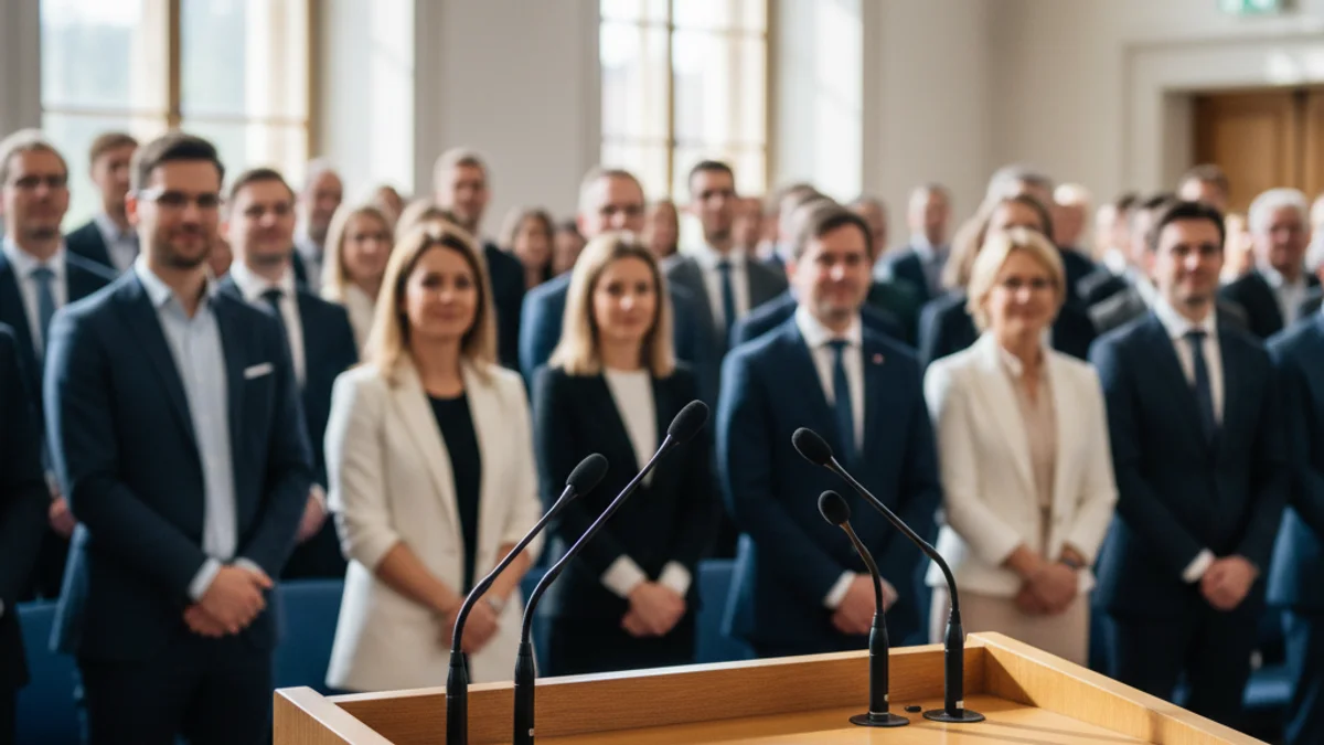 Imatge genèrica d'un faristol amb micròfons durant una presentació política.