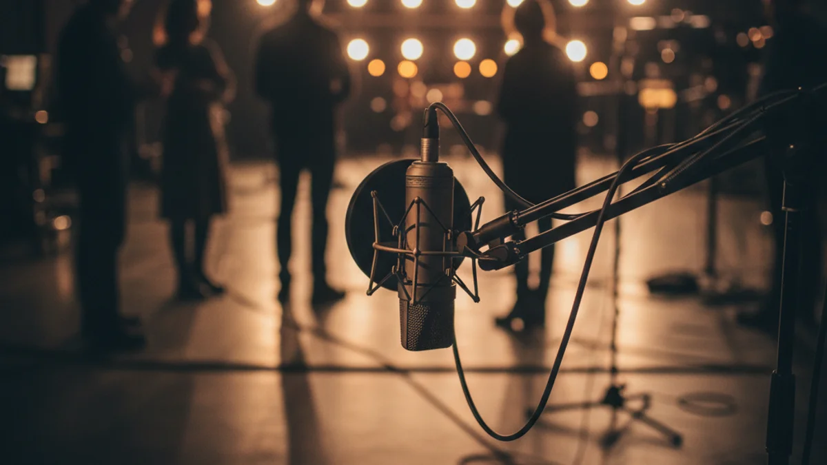Imagen genérica de un micrófono en un plató de televisión con iluminación tenue.