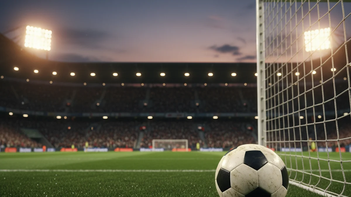 Imagen genérica de una portería de fútbol en un estadio durante el atardecer.