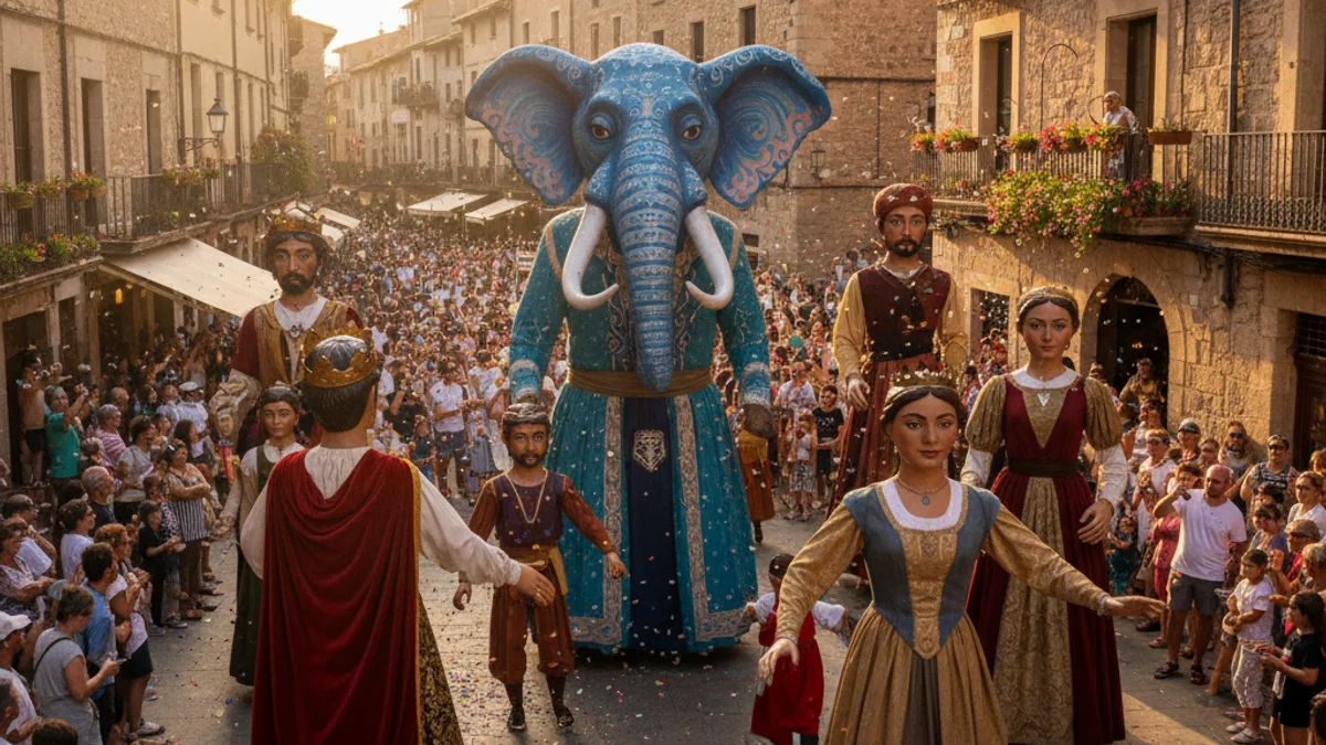 Imatge genèrica d'una celebració de cultura popular amb gegants i figures festives en una plaça.