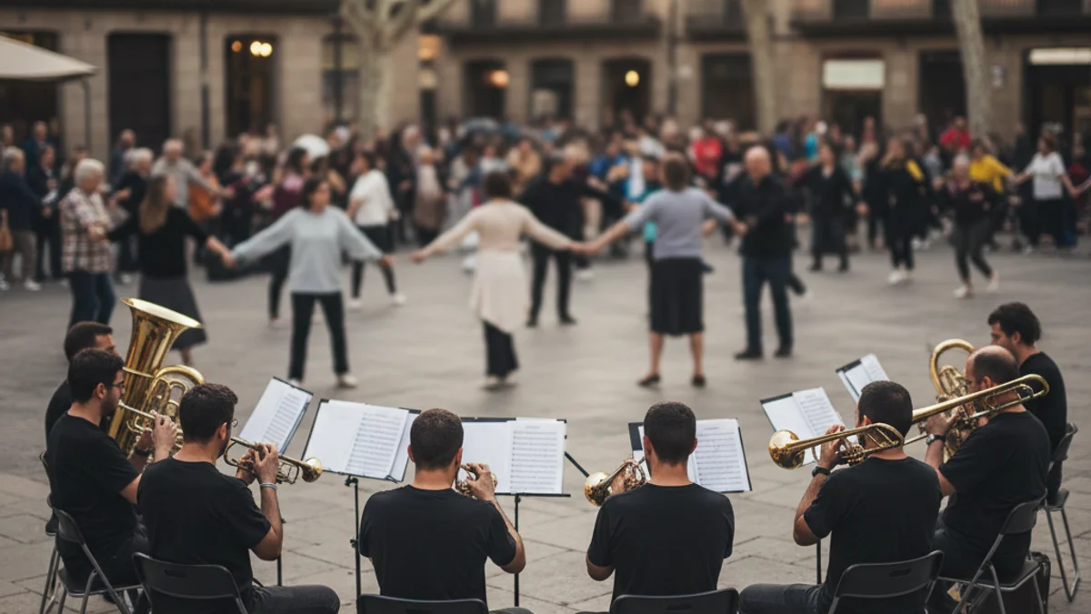Imagen genérica de una cobla tocando instrumentos tradicionales en una plaza pública.