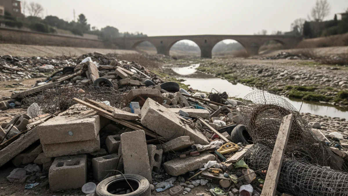 Imatge genèrica de residus de construcció i fustes acumulats al costat d'un entorn fluvial.