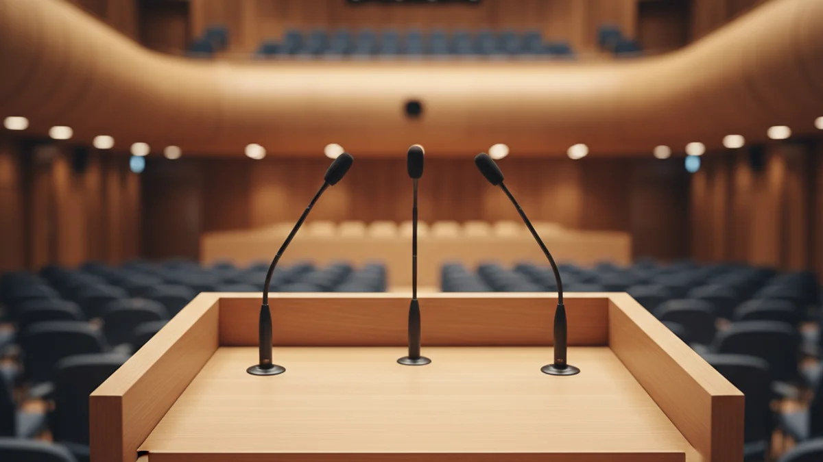 Imatge genèrica d'uns micròfons en un podi preparats per a una conferència política.