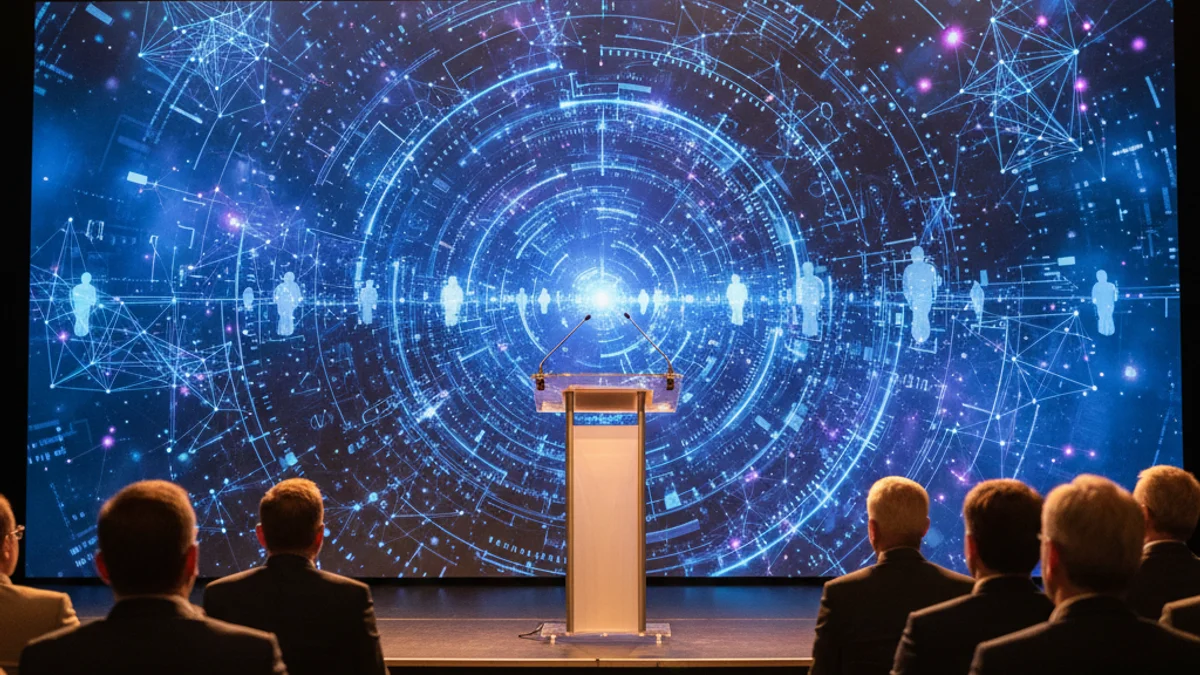 Imagen genérica de un escenario de conferencias con iluminación cálida y motivos digitales de fondo.