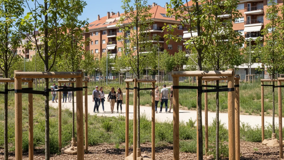 Generic image of an urban park with newly planted young trees.